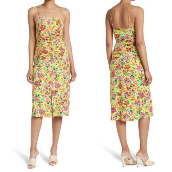 19 Cooper Yellow Floral Ruched Front Slit Midi Dress NWT Size Medium - Picture 1 of 10